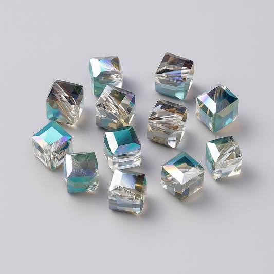 Aurora Crystal Cube/Square ShapedCrystal Beads – Clear AB | Dark Grey (12mm, 80 pcs)